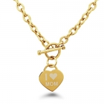 Gold Plated Stainless Steel Engraved I Heart Mom Heart Charm Necklace