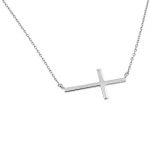 High Polished 14K Solid White Gold Sideways Cross Necklace with Rolo Link Chain - 18 inches