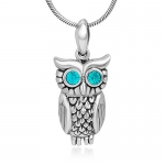 925 Sterling Silver Cubic Zirconia Vintage Owl Bird Blue CZ Stones Eyes Pendant Necklace, 18