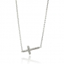 Rhodium Plated Sterling Silver CZ Sideways Cross Charm Necklace