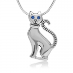 925 Sterling Silver Blue CZ Cubic Zirconia Eyes Cute Cat Kitten Pendant Necklace, 18 Chain