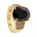 Stainless Steel Gold Tone Oval Black Glass Stone with Clear Cubic Zirconia Accents Ring