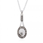 PammyJ Silvertone Tennis Racket with Crystal Embedded Ball Pendant Necklace, 18