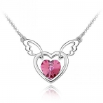 Sparkling Dark Pink Colored Winged Heart Charm Necklace 369