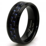 Black Stainless Steel Blue Carbon Fiber Inlay Wedding Band w/ Personalized Engraving