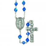 8mm Blue Tone Glass Beads, 35 Rosary Necklace with Silver Plated Crucifix and Center. 28 neck chain