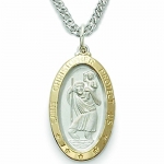 Sterling Silver 3/4 2-Tone Oval Gold Border Engraved St. Christopher Medal on 20 Chain