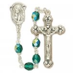 19-1/2 Inch 6 Millimeter Green Glass Bead Rosary with Madonna Praying Hands Center.