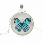 Blue Butterfly White Glass Cabochon Art Vintage Pendant Necklace Adjustable Link Chain 20 - 22 in