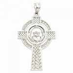 14K White Gold Celtic Claddagh Cross Pendant