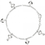 Dangling Keys And Hearts Figaro Chain Anklet In Sterling Silver, 9