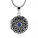 Sterling Silver Blue Sapphire CZ Cubic Zirconia Stone Sun Mandala Round Locket Necklace 18''