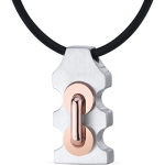 Mens Stainless Steel Pendant with Raised Handlebar Motif and Rose Color Accents on Black Cord
