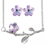 Spring Cherry Blossom Shaped Swarovski Elements Crystal Rhodium Plated Necklace Earrings Set- Purple