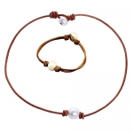 16  Single Pearl Necklace for Women Handmade Leather Choker Jewelry Handmade- Light Brown Necklace set