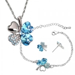 Four Leaf Clover Swarovski Elements Crystal Rhodium Plated Necklace, Earrings & Bracelet Set - Blue