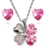 Lucky Love Heart Clover Swarovski Elements Crystal Rhodium Plated Necklace Earrings Set - Pink
