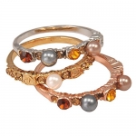 Triple Multicolor Faux Pearl and Crystal Tricolor Gold-Tone Stackable Ring Set - Size 7