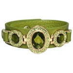Triple Faceted Antique Style Gemstone Color Glass PU Leather Fashion Snap Bracelet - Green