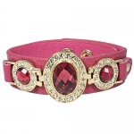 Triple Faceted Antique Style Gemstone Color Glass PU Leather Fashion Snap Bracelet - Pink