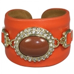 Vintage Cabochon Gemstone Style PU Leather Shapeable Wire Wrap Bracelet - Orange