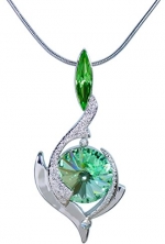 August Peridot Birthstone Color Pendant Necklace with Two Swarovski Crystals Set in Platinum. MADE IN USA (8130CR)