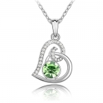Heart Charm Pendant, Light Green Crystal Women Necklace, 18K White Gold Plated, Free 18 Chain