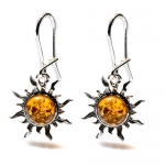 Certified Genuine Amber Sterling Silver Romantic Flaming Sun Small Earrings