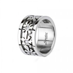High Polished Stainless Steel Ring For Women with Multi Flowers around the Band and Small Cubic Zirconias in Center