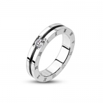 Polished Stainless Steel Women Ring With Groove in Center and Small Cubic Zirconia And Engraved Roman Numerals