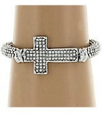 Designer Inspired Silvertone Crystal Cross Ball Textured Stretch Bracelet. Crystal Accents * Silvertone * Comfort Stretch Band Comprised of Multiple Ball Textured Rings