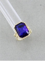 Designer Inspired Stretch Goldtone Beaded Ring with Large Blue Sapphire Diamond Gem. 0.75 Inch