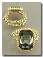 Designer Inspired Stretch Goldtone Beaded Ring with Large Black Diamond Gem. 0.75 inch
