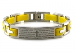 Stainless Steel Lord's Prayer ID Biker Bracelet w/ Yellow Rubber Links 8.5