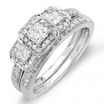 1.00 Carat (ctw) 14k White Gold Round & Princess Cut 3 Stone Diamond Ladies Engagement Ring Matching Wedding Band Set 1 CT (Size 7)