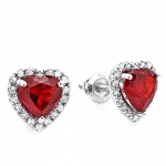 1.80 Carat (ctw) 10k White Gold Heart Deep Red Color Garnet Diamond Halo Stud Earrings