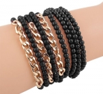 Fabulous NINE-piece BLACK BEADS Stretch Bracelet with Goldtone Chainlink Accents. Gold-plated. One Size Fits All. Lead Free. With Free Gift Box.