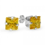 Sterling Silver 7mm Yellow CZ Cubic Zirconia Topaz Square Stud Earrings