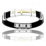 Stainless Steel and Black Rubber Bracelet With Gold IP Cross - 8