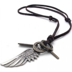 Genuine Leather Angel Wing Cross Pendant Necklace
