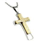 Gold Plated Stainless Steel Men's Large Cross CZ Pendant with 24 Inch Chain