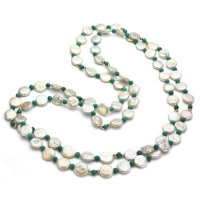 14k Yellow Gold 10-11mm White Coin Freshwater Pearl with 3mm Yellow Gold Beads and 4mm Round Green Magnesite Endless Necklace 48 Length.