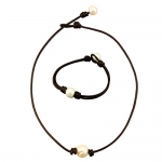 16  Single Pearl Necklace for Women Handmade Leather Choker Jewelry Handmade- Brown Necklace set