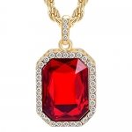 Cuccu 14K Gold Plated Mens Iced Out Red Ruby Octagon Hip Hop Pendant with 3mm 24 Rope Chain