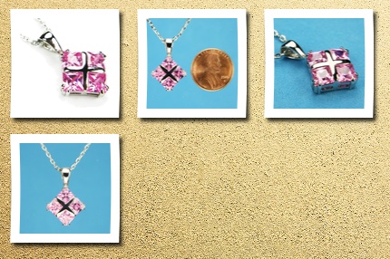 Pink Mississippi foursquare necklace, pink topaz-colored czs, 18